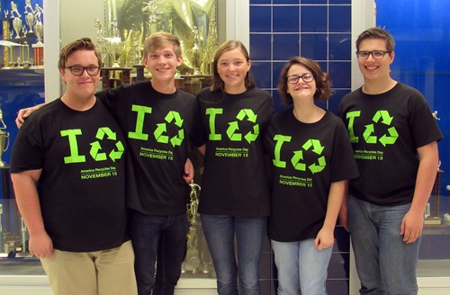 TCCHS students who signed the Yes pledge to recycle include (left to right) Will Baillargeon, Joshua Stephens, Michaela Gandy, Molly Grace White and Ethan Nicoll. Baillargeon, Stephens and Gandy are members of TCCHS Environmental Ambassadors.
