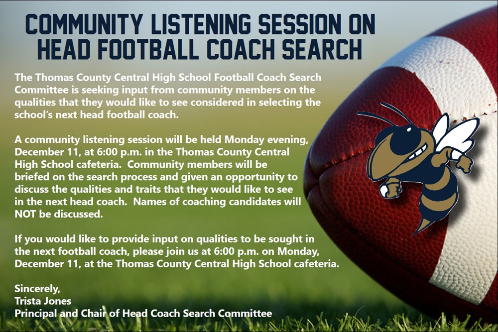Community Listening Session on Head Football Coach Search - Monday, December 11 at 6 PM in the TCCHS Cafeteria 