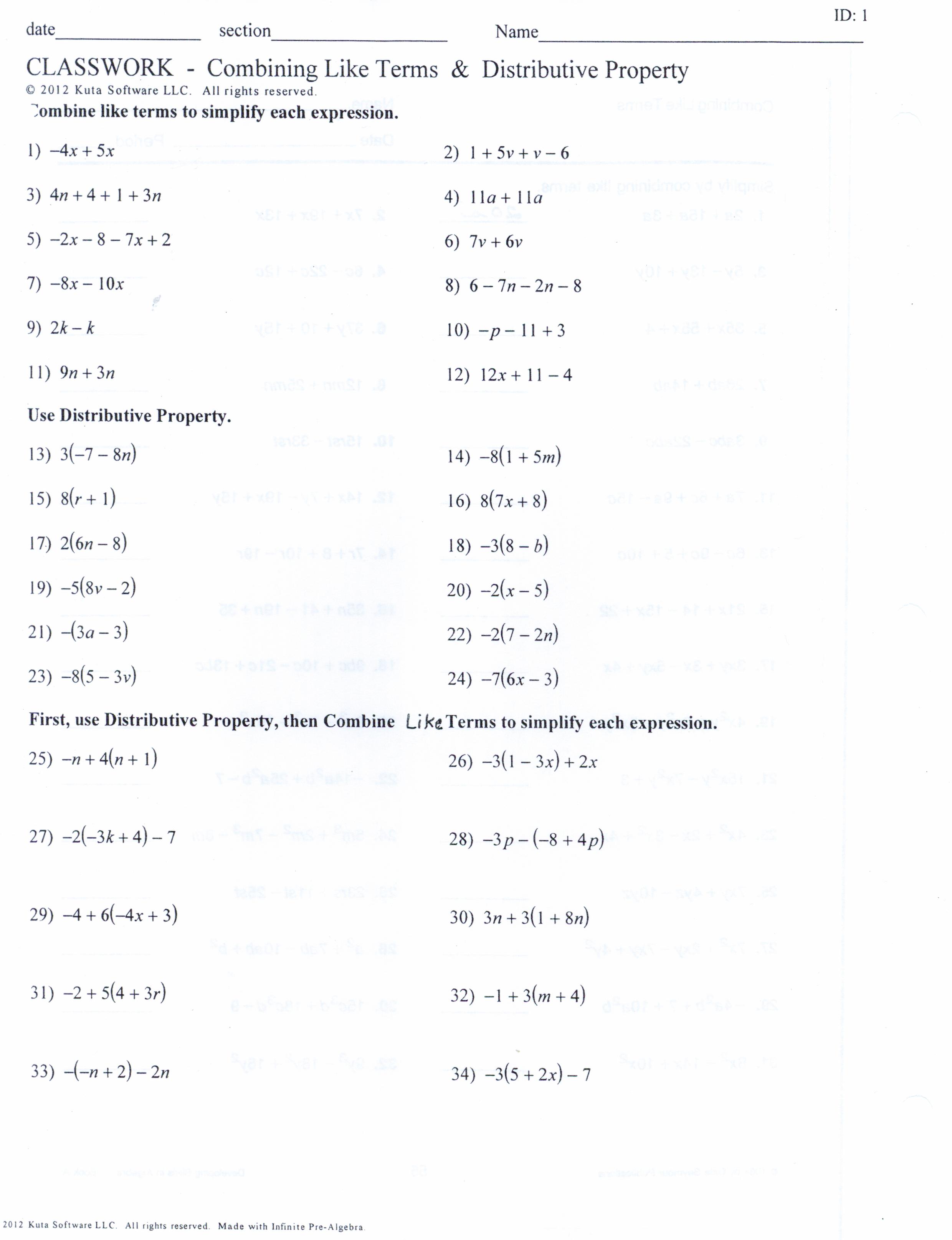 Algebra Worksheets for Simplifying the Equation Pinterest For Combining Like Terms Worksheet