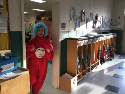 Our principal dressed as Thing 1!
