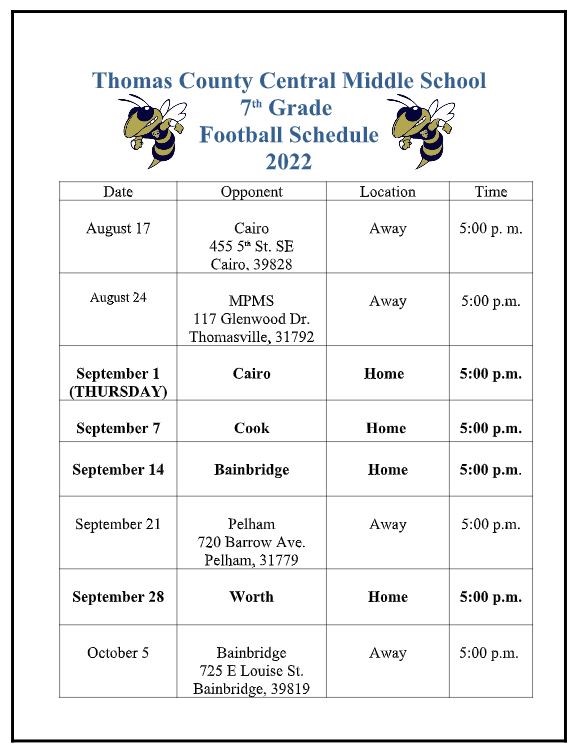 7th grade football schedule updated 8-11-22