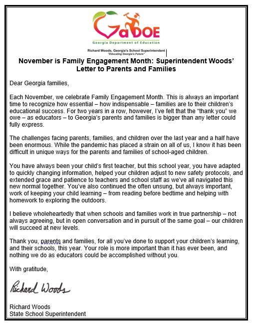 GA DOE Superintendent Woods' letter to parents and families